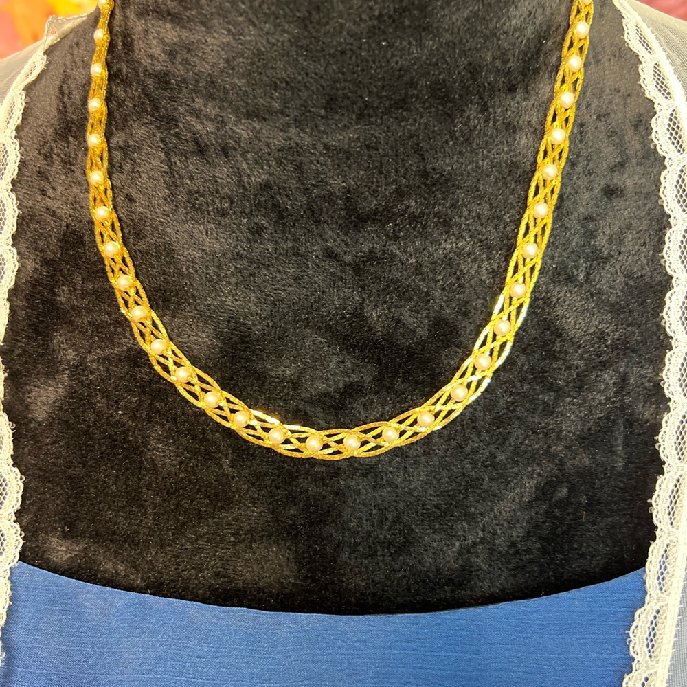 💗 Vintage Avon Gold Filled Necklace Interlocking Chain braided pearl necklace